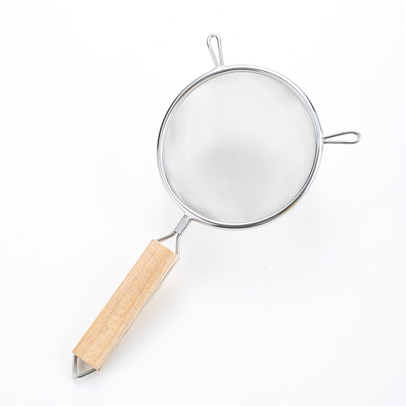 Large stainless steel strainer with wooden handle and double ears, suitable for home use as a frying ladle or noodle strainer