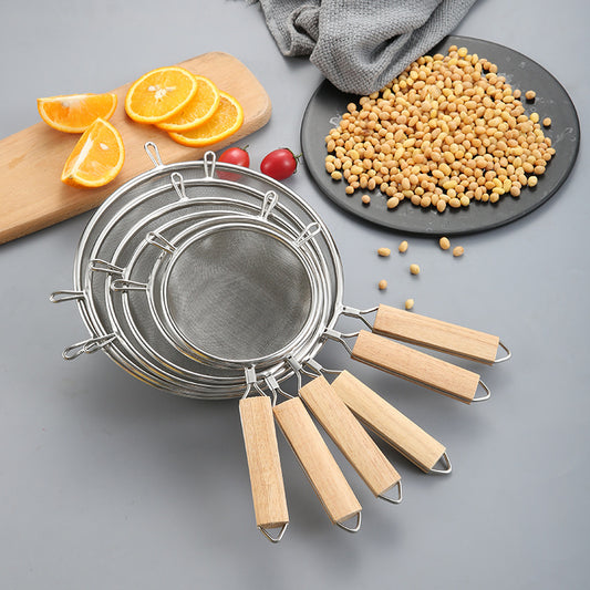 Large stainless steel strainer with wooden handle and double ears, suitable for home use as a frying ladle or noodle strainer
